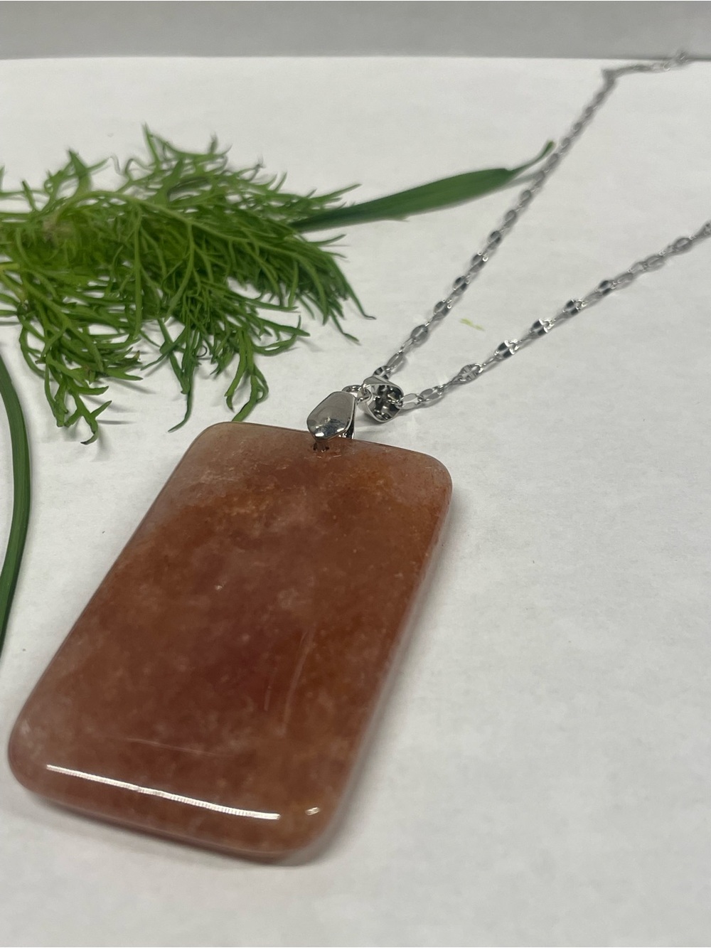 Peach Rectangular Stone Pendant Necklace on Silver-Tone Chain